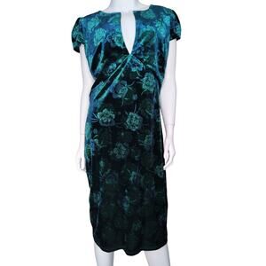 Green Velvet Sheath Dress Large Midi Floral Party Going Out Wedding‎ Guest Artsy